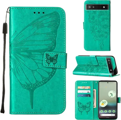 Produktbild von Google Pixel 6A Hülle, Schmetterling Prägung Flip Leder Kartenfächer Schutzhülle Ledertasche mit Ständer für Google Pixel 6A Grün