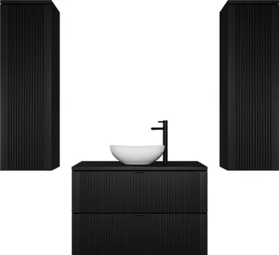 Produktbild von Easy4You Schwarz Unterschrank DAKI 80 cm mit 2 Schubladen + 2 x Hängeschranke 30x100 cm Badschrank Badezimmerschrank Seitenschrank Geriffelte Front