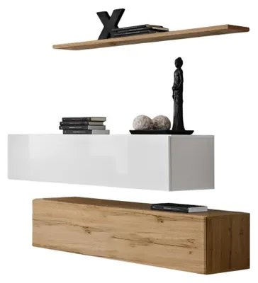 Image de Composition murale SWITCH SBII – Meubles de rangement et étagère – Chêne Wotan et blanc brillant – Design moderne