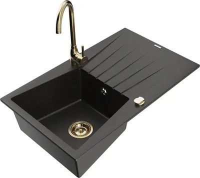 Produktbild von Mexen Cesar 1 Becken-Granitspüle mit Abtropffläche und Mischbatterie Telma, Schwarz/Gold - 6514-75-670200-50