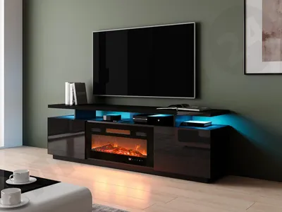 Obrázek produktu pro Televizní stolek s krbem a LED osvětlením SALTA - lesklý černý / černý