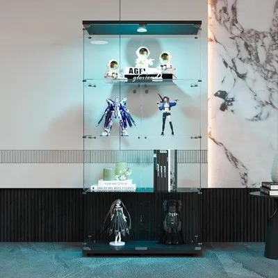 Image de Vitrine en verre - 4 étagères - Éclairage LED - 80 cm - Noir