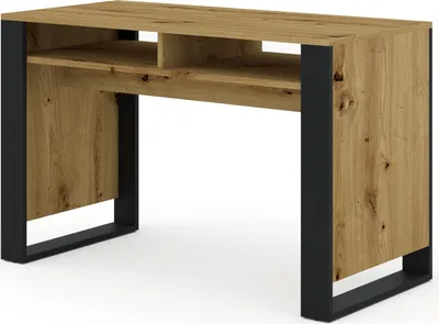 A product shot of a desk with a wood grain finish and black metal legs.