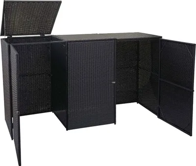 Produktbild von 3-dielny kryt na odpadkový kôš HWC-E25, kryt na odpadkový kôš, poly-ratan 3x120l ~ čierna