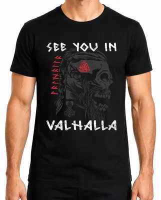 Imagen del producto de Camiseta para hombre, diseño "Valhalla", con motivos vikingos: calavera, runas, Mjölnir. Color: . Talla: L