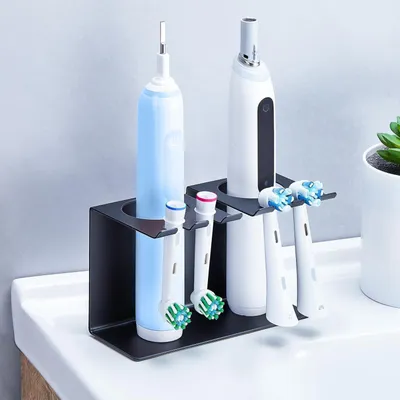 Produktbild von Zahnbürstenhalter für elektrische Zahnbürsten, Wandmontage oder stehend, ohne Bohren, mit Aufbewahrung für Zahnpasta, Schwarz
