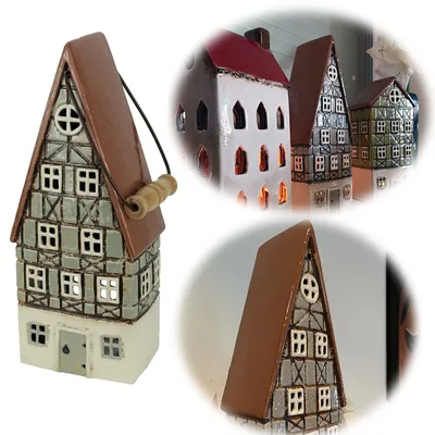 Produktbild von LS-LebenStil Teelichthaus Lichterhaus Aarhus 31cm Keramik Fachwerkhaus Laterne Teelichthalter