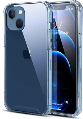 A clear protective case for an Apple iPhone 13 is shown, with the phone inside.