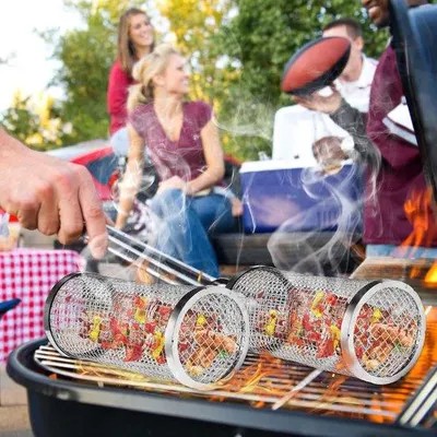 Productafbeelding van Famanu grillmand met grillvork - geschikt voor groenten, friet, vlees, vis en garnalen