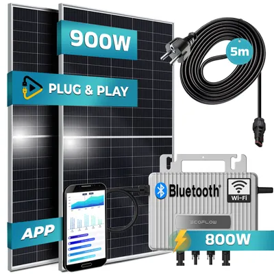Produktbild von SUNNIVA® 900W Balkonkraftwerk 800W komplett Steckdose - Ecoflow Stream 800W Wechselrichter - PV Solaranlage - 2x450W Solarmodule - 5m Kabel - WIFI