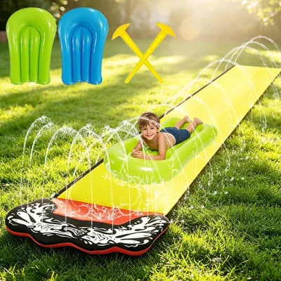 Zdjęcie produktu dla Zjeżdżalnia wodna do ogrodu 480 x 70 cm, pojedyncza ślizgawka, 2 bodyboardy, zraszacz, żółta