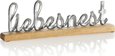 Produktbild von com-four® Deko Aufsteller "liebesnest" - Schriftzug aus Metall im Kreis aus Mangoholz - Deko-Schriftzug zum Hinstellen - 40,5x12,5x5cm