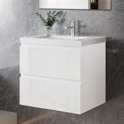 Produktbild von 60 cm Badmöbel-Set Unterschrank mit dick Keramik waschtisch 2 Schubladen soft-close Hochglanz Weiß Selbstmontierter