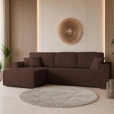 Produktbild von GOLDSTOFF Ecksofa mit Schlaffunktion und Bettkasten | Ecksofa L-Form für Wohnzimmer | Cord Sofa mit Liegefläche 230x147cm | Schlafsofa (Braun)