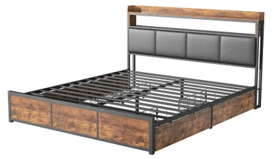 Image de Lit coffre 140x200 cm - Lit double avec rangement - 4 tiroirs - Éclairage LED - SimilicuirPolyuréthaneet bois - Capacité de charge jusqu'à 250 kg - Noir