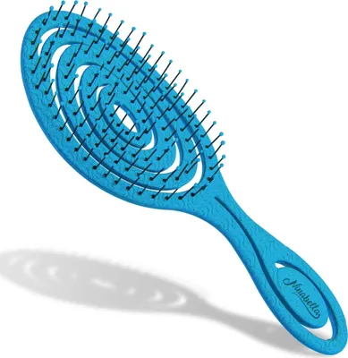 Produktbild von Ninabella Bio Haarbürste ohne Ziepen für Damen, Herren & Kinder - Entwirrbürste auch für Locken & Lange Haare - Einzigartige Profi Detangler-Bürste mit Spiralfeder Limetten Ozean Blau