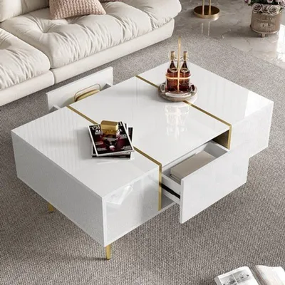 Image de Table basse laquée blanche, dimensions 100x60x41,5 cm, en MDF, avec des tiroirs de rangement pratiques pour le salon