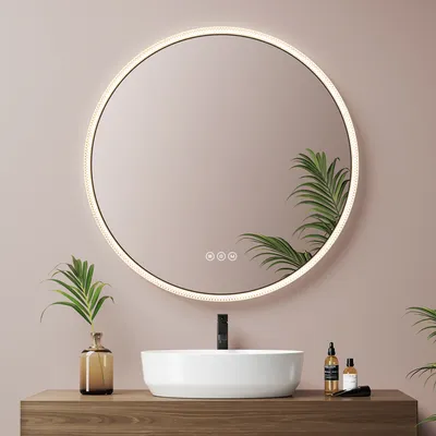 Zdjęcie produktu dla Lustro łazienkowe EMKE LED okrągłe 60 cm z funkcją przeciwmgielną i 3 kolorami światła, czarne lustro łazienkowe ściemniane z przełącznikiem dotykowym, funkcja pamięci, 3 godziny oszczędzania energii