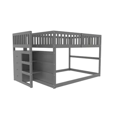 Produktbild von okwish Niedriges Etagenbett 140x200cm mit Staufach, Hochbett mit Rausfallschutz, Massivholzbett Kinderbett Bettgestell mit Lattenrost(Unterbett ohne Lattenrost), Grau