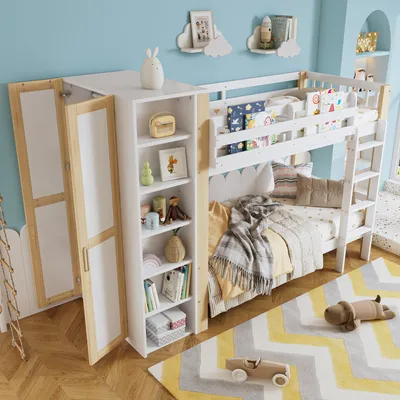 Image de Flieks Lit superposé 90x200cm avec armoire et bibliothèque, lit surélevé d'enfant avec protection contre les chutes et sommier à lattes, lit superposé blanc
