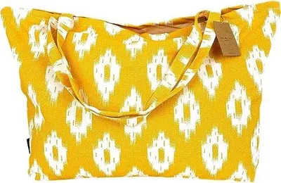 Produktbild von Große Strandtas mit XXL-Mediteraans-Motiv - Gelb/Weiß - 65 x 40 cm - Schultertasche für Erwachsene - 40 L - Schwimmtasche, Einkaufstasche, Strandtasche - Große Fassung - XXL-Tasche mit großem Innenfach
