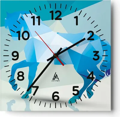Produktbild von Wanduhr - Quadrat - Glasuhr - Pferd Illustration modern Grafik - 30x30cm - Schleichendes Uhrwerk - Lautlos - zum Aufhängen bereit - Dekoration Modern - Wanddekoration aus Glas - C4AC30x30-2814