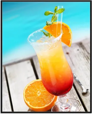 Produktbild von Wallario Wandbild Bunter Cocktail am Pool, Größe: 40,30 x 50,30 cm, Poster mit schwarzem Aluminiumrahmen