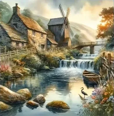 Obrázok produktu pre Obraz podľa čísel, "Mlyn pri rieke", 40x50 cm, umiestnený na ráme, kreatívna výtvarná súprava