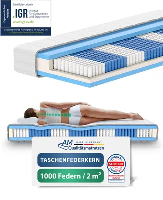 Produktbild von AM Qualitätsmatratzen | 1000 Federn 7-Zonen Taschenfederkernmatratze - 90x200 cm - H3 | Tonnentaschenfederkernmatratze | 90/200 | Federkernmatratze | Härtegrad H3 | 7 Zonen | 24 cm Höhe