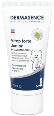 Produktbild von Emulsion, Dermasence, Vitop Forte, Junior, Beruhigende Wirkung, für empfindliche und gereizte Babyhaut, parfümfrei, 75ml, 75ml