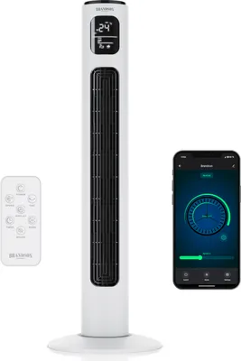 Produktbild von Brandson Turmventilator mit Fernbedienung, WiFi, ECO DC-Motor 35W, App-Steuerung/Sprachbefehl, Timer, Oszillation, Preisträger 2025, extrem leiser Lüfter, 12 Geschwindigkeitsstufen,