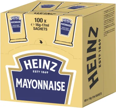 A cardboard box containing multiple sachets of Heinz Mayonnaise.