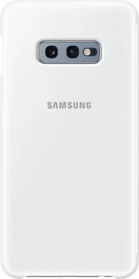 The back of a white Samsung Galaxy S10e smartphone with a dual-lens camera.