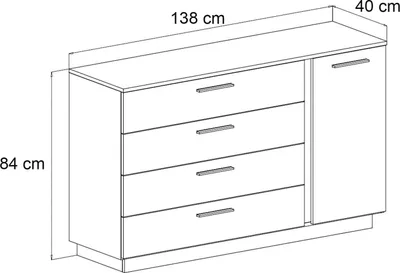 A line drawing of a dresser with dimensions indicated.