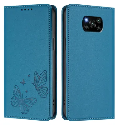 Produktbild von Lederhülle für Xiaomi Poco X3/Poco X3 NFC/Poco X3 Pro, Schmetterling Prägung Leder Brieftasche Schutzhülle mit Ständer Blau