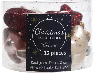 Produktbild von Christbaumschmuck Figuren Mix Glas 4cm 12er Set - Weinrot Rosa Perle