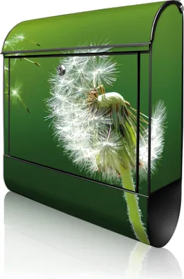 Produktbild von banjado Design Briefkasten Stahl schwarz mit Zeitungsfach pulverbeschichtet "Pusteblume" 38x46x12,5cm & 2 Schlüssel - Postkasten A4 Einwurf inkl. Montagematerial [BKSCH 10074]