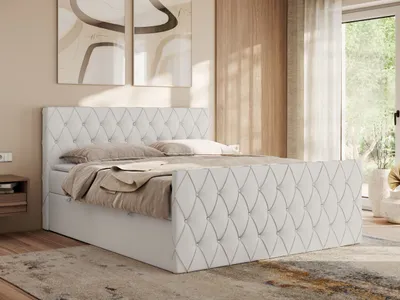 Produktbild von MKS MEBLE Boxspringbett 200x200 mit Bettkasten, Bett 200x200 mit Matratze H3, Boxspringbett 200x200 mit Topper - Miren Duo - Weiß Kunstleder - H3