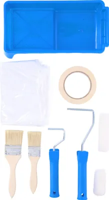 Produktbild von Kinzo Malerset - 9-teilig: Abdeckfolie, Malerband, Farbwanne, Malerpinsel, Farbroller, Farbrollerbügel - Malen und Schützen
