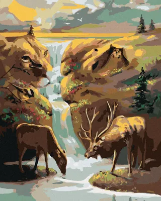 Produktbild von Zuty - Malen nach Zahlen - HIRSCH, WASSERFALL UND SONNENUNTERGANG (D. RUSTY RUST), 40x50 cm, ohne Keilrahmen