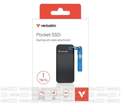 Produktbild von Verbatim Pocket SSD, 1 TB, USB Typ-C, 3.2 Gen 2 (3.1 Gen 2), 1000 MB/s, 10 Gbit/s, Schwarz, Blau