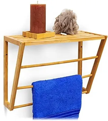 Produktbild von PolkaHome® Bambus Handtuchhalter mit Ablage, Wandmontage, 3 Stangen, 42 x 20 x 30 cm, Natur