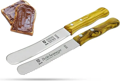Produktbild von SMI Brötchenmesser 2-tlg Buttermesser Wellenschliff Frühstücksmesser Buckelsmesser, Olivenholz Solingen