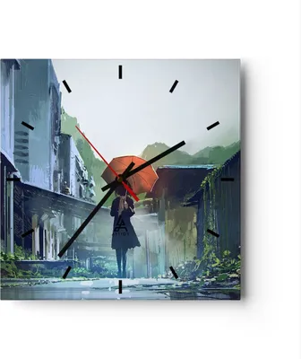 Produktbild von Wanduhr - Quadrat - Glasuhr - Frau Straße Haus - 30x30cm - Schleichendes Uhrwerk - Lautlos - zum Aufhängen bereit - Dekoration Modern - Wanddekoration aus Glas - C3AC30x30-3918