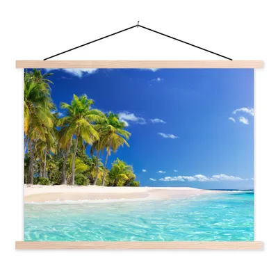 Produktbild von MuchoWow® Textilposter Strand - Meer - Palme - Sonne - Sommer 120x90 cm mit holzfarbenen Rahmen - Magnetisch