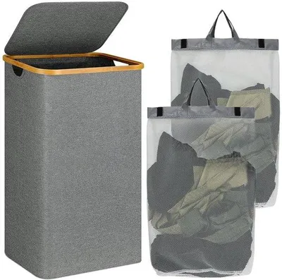 Immagine prodotto di Cesto portabiancheria grigio da 110 litri con coperchio e 2 tasche