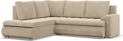 A beige sectional sofa with a corduroy texture is shown against a white background.