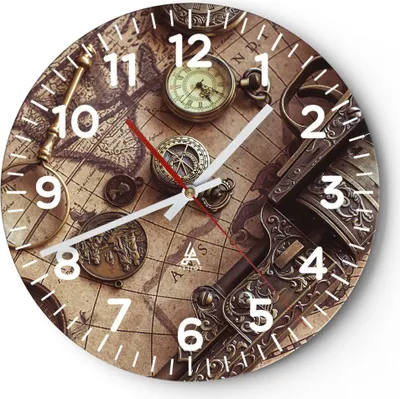Produktbild von Wanduhr - Rund - Glasuhr - Kartographie Vintage Kompass - 40x40cm - Schleichendes Uhrwerk - Lautlos - zum Aufhängen bereit - Dekoration Modern - Wanddekoration aus Glas - C4AR40x40-4582