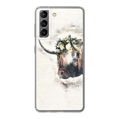Produktbild von MuchoWow® Handyhülle Schutzhülle Hülle für Samsung Galaxy S21 Schottischer Highlander - Rauch - Blumen Silikon Softcase Handy Hülle - Softcase