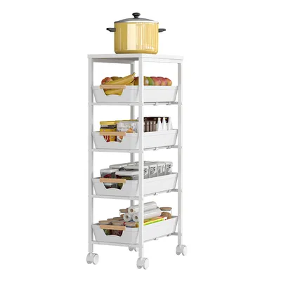 Produktbild von Schmaler 5-stöckiger Küchen-Rollwagen mit Holzplatte, Aufbewahrungswagen mit 4 Körben, Rollen & Haken für Küche, Bad und Haushalt, Weiß